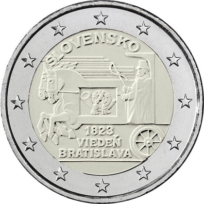 2 € commémorative 2023 Slovaquie pour le 200e anniversaire du début de la voie postale hippomobile: Vienne - Bratislava