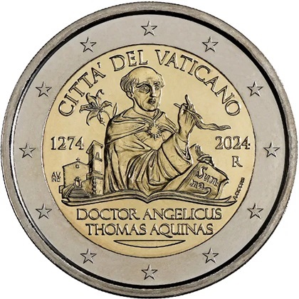 2 € euro commémorative 2024 Vatican  Thomas d'Aquin