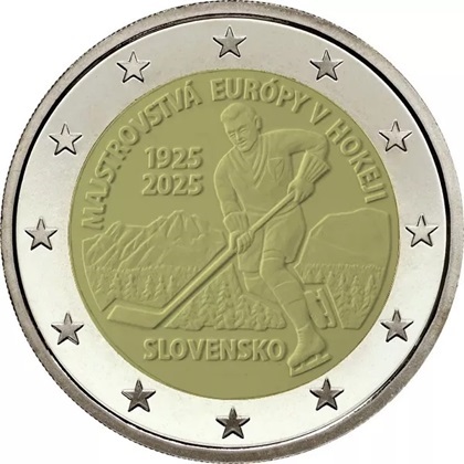 2 euro commémorative 2025 Slovaquie pour les 100 ans du premier tournoi sportif international en Slovaquie – Championnats d'Europe de hockey sur glace