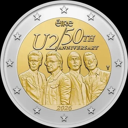 2 euro commémorative Irlande 2026 pour les 50 ans de la formation du groupe de rock irlandais légendaire U2