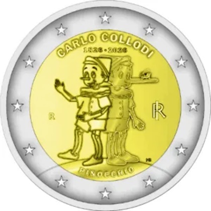 2 euro commémorative 2026 Italie pour le 200e anniversaire de la naissance de Carlo Collodi et son chef-d'œuvre mondial de la littérature enfantine, les Aventures de Pinocchio.
