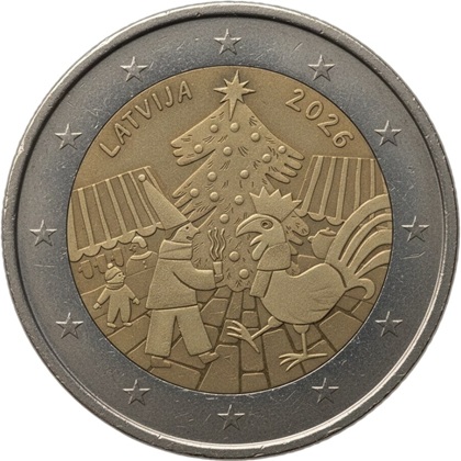2 euro commémorative 2026 Lettonie pour la tradition des marchés de Noël.