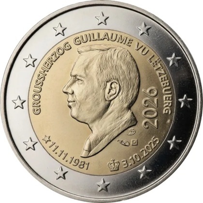 2 euro commémorative 2026 Luxembourg dédiée à l'accession au trône du grand-duc Guillaume et son 45e anniversaire